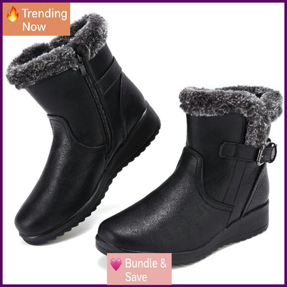 Women's Waterproof Leather Snow Boots Fur Lined Platform Ankle Booties